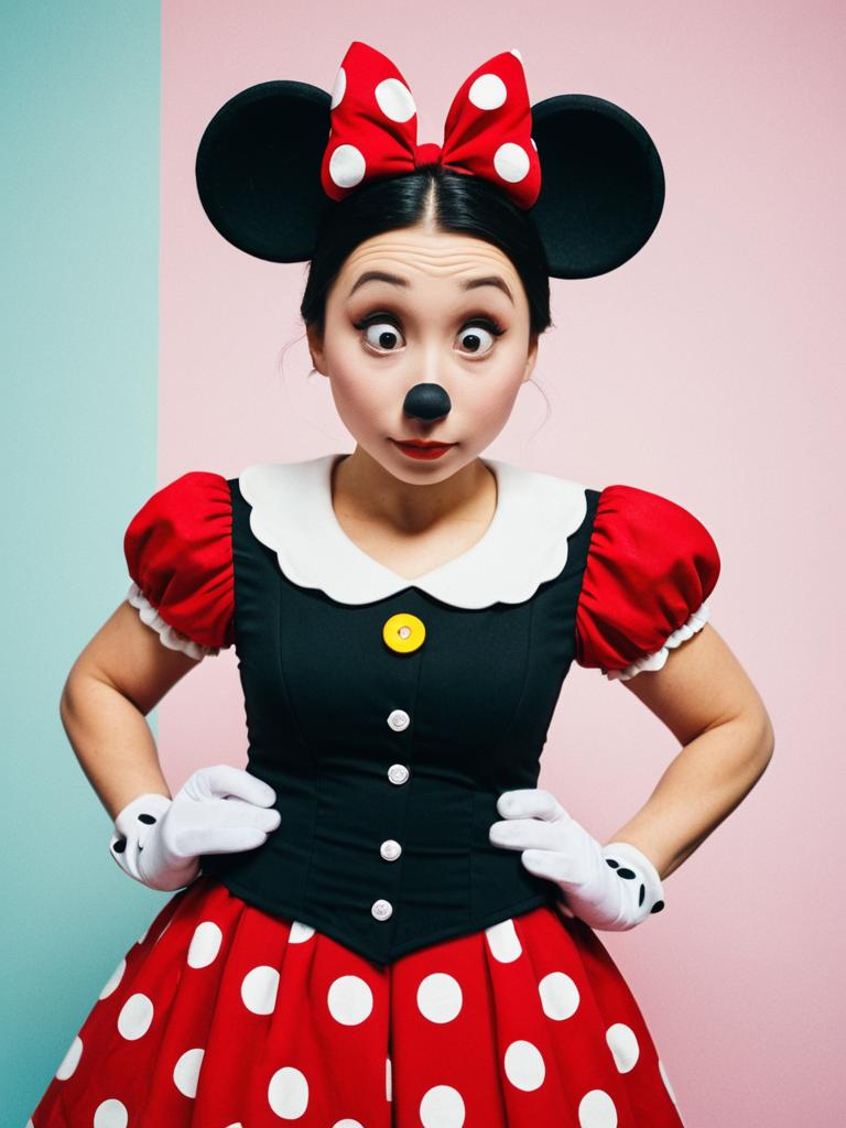 Woman in Classic Minnie Mouse Costume Cosplay with Polka Dot Dress and Ears