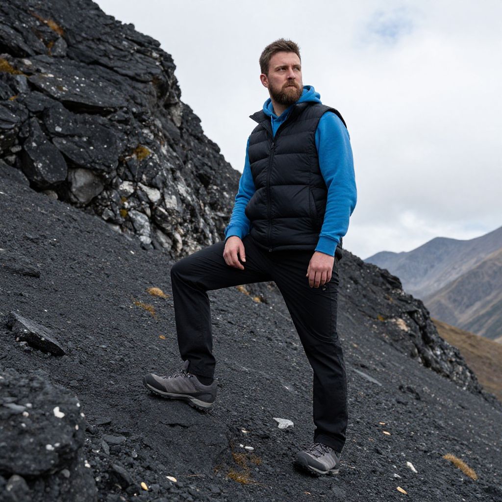 Man in Blue Hoodie and Black Vest Hiking on Rocky Mountain Terrain