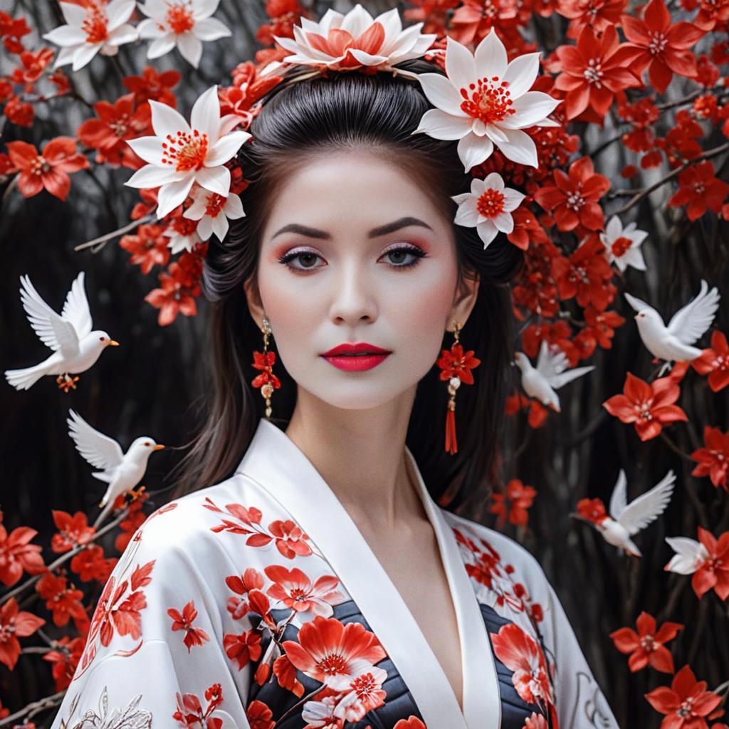 Elegant Woman in Floral Kimono Surrounded by Flowers and Birds