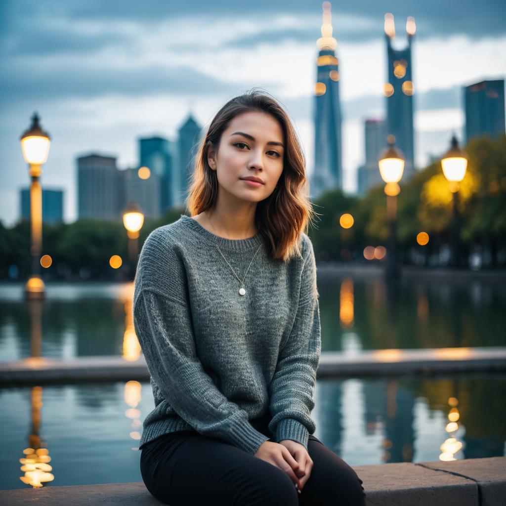 Young Woman Sitting by Urban Waterfront with Cityscape Evening Lights