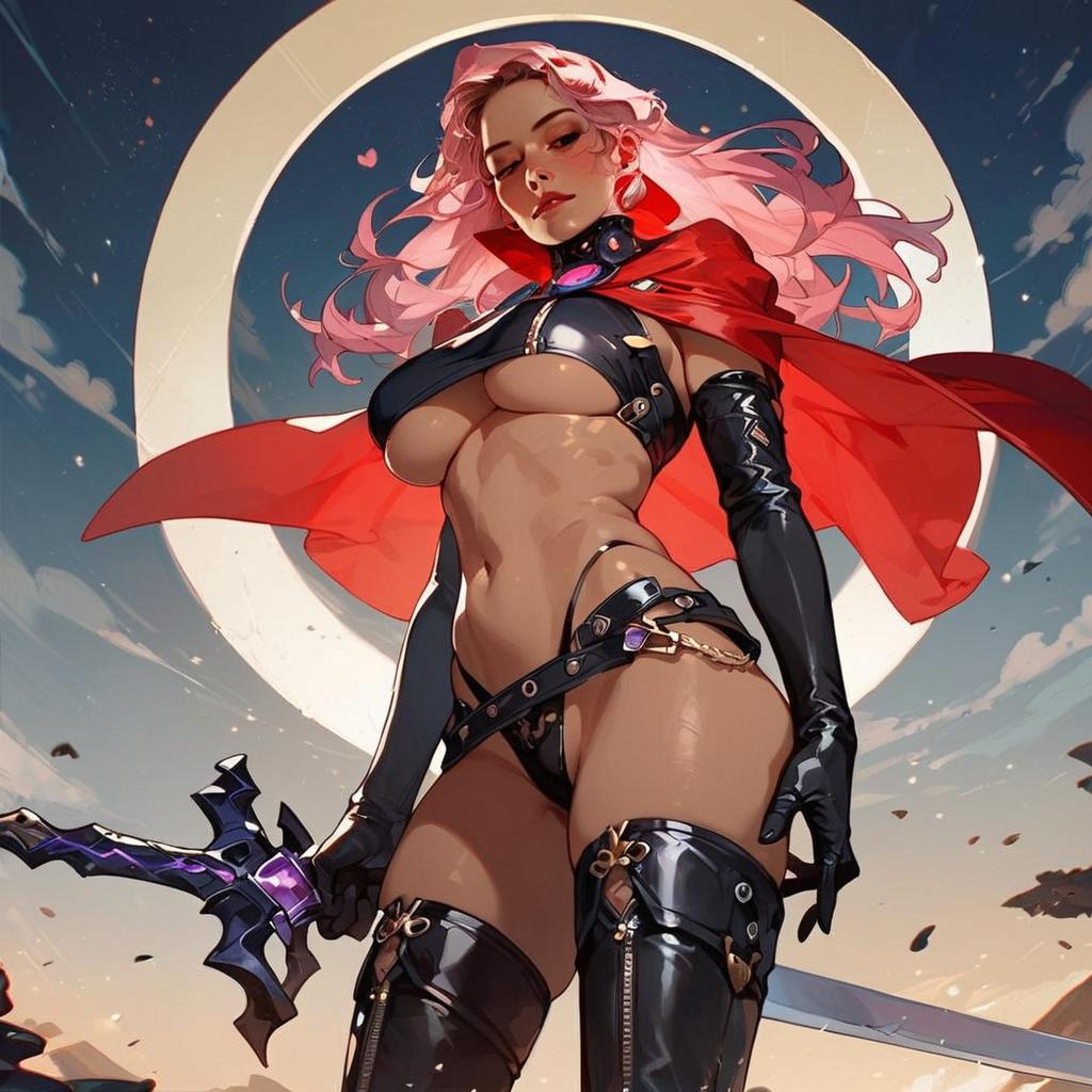 Confident Anime Woman in Leather Outfit with Sword and Red Cape Illustration