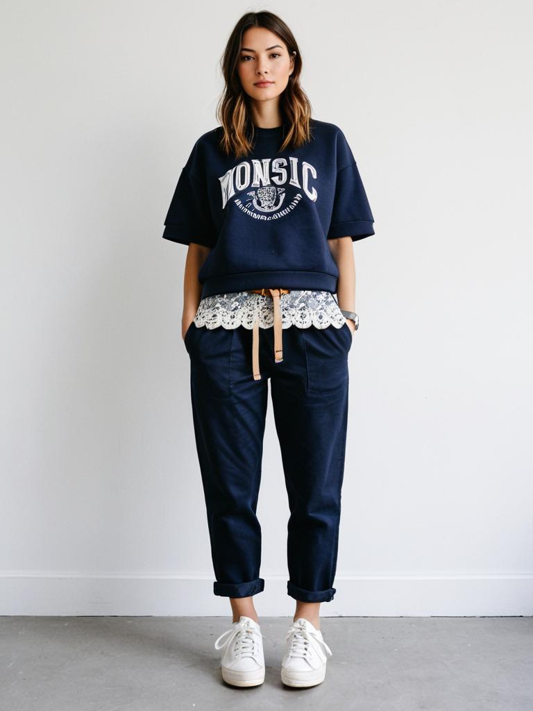Casual Navy Blue Outfit with Lace Trim and White Sneakers on Woman