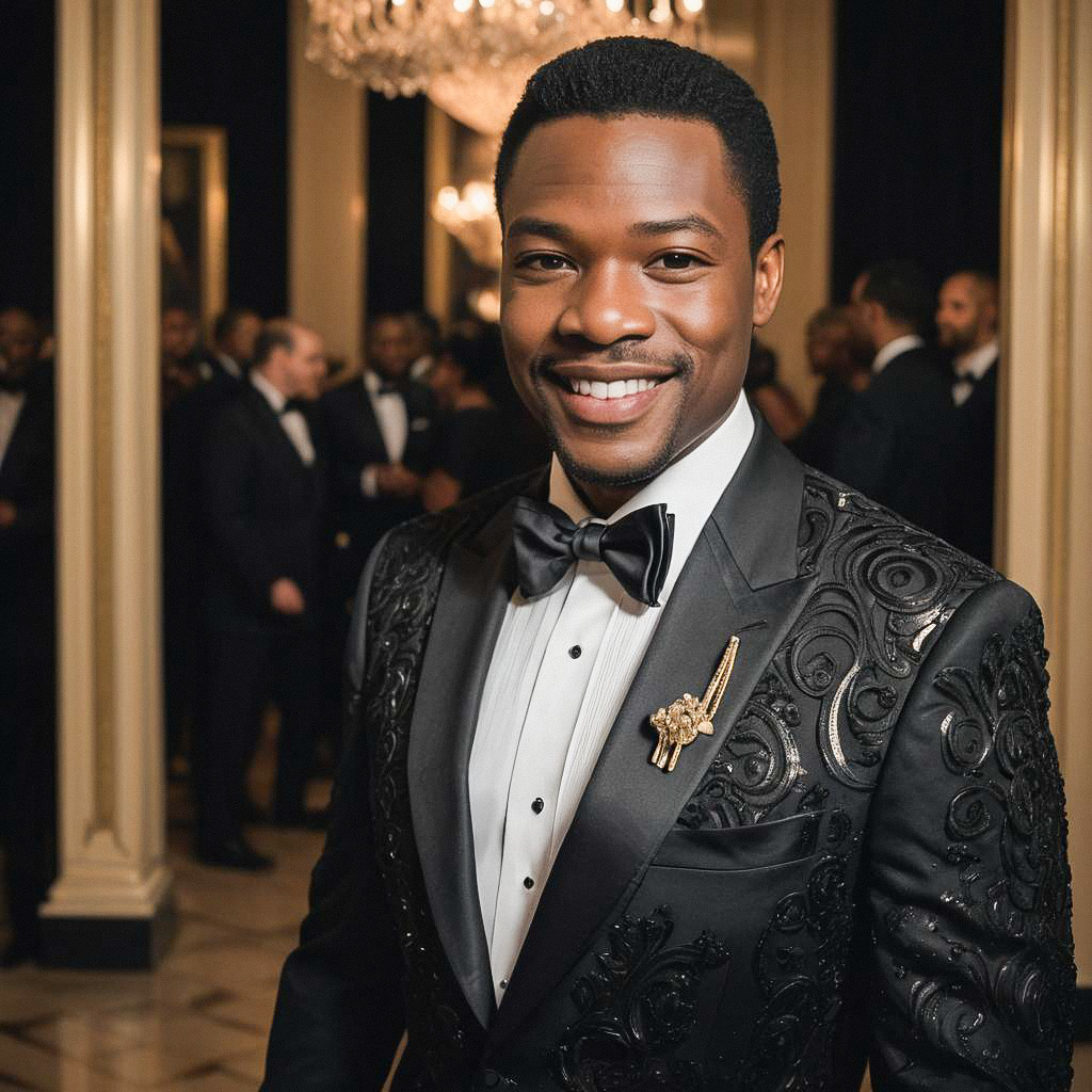 Dapper Man in Black Tuxedo at Formal Event Dapper Man in Black Tuxedo at Formal Event