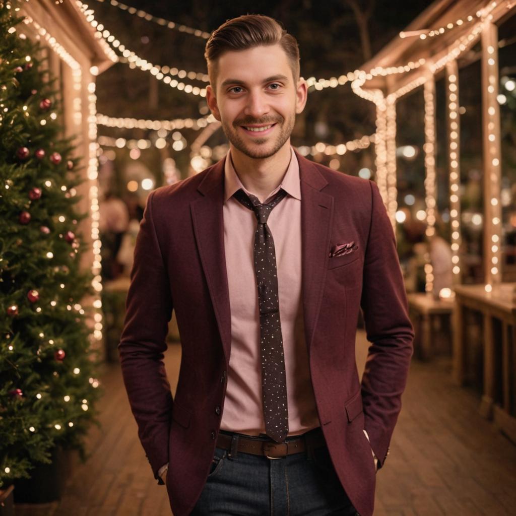 Confident Man in Burgundy Blazer with Festive Tree