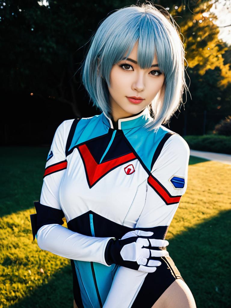 Realistic Rei Ayanami Cosplay Woman Character in Detailed Plugsuit Outdoors