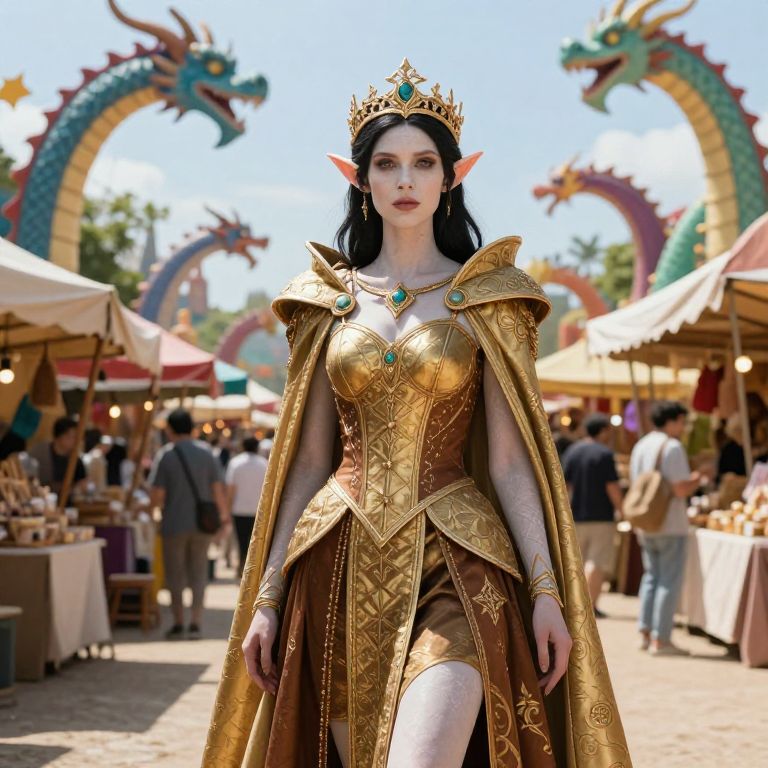 Fantasy Elf Queen in Golden Armor Costume at Outdoor Market with Dragon Sculptures