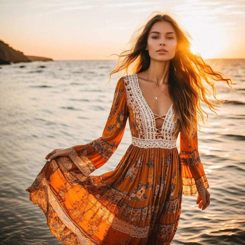 Woman in Bohemian Dress by the Sea at Sunset