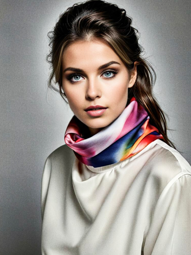 Elegant Woman with Blue Eyes and Colorful Scarf