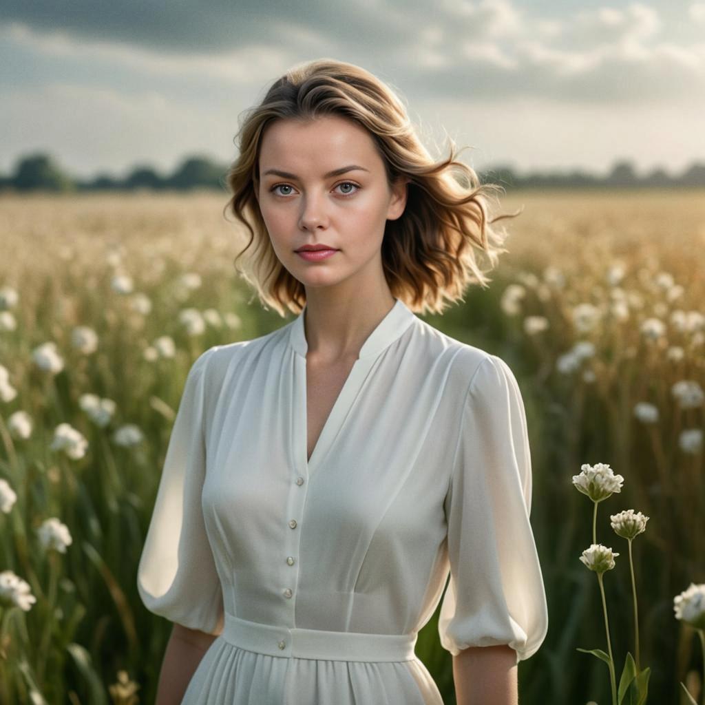 Serene Woman in Green Field with Flowers