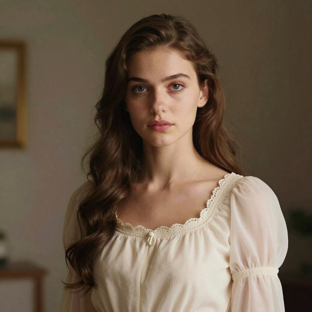 Portrait of Young Woman in Vintage Style Cream Blouse