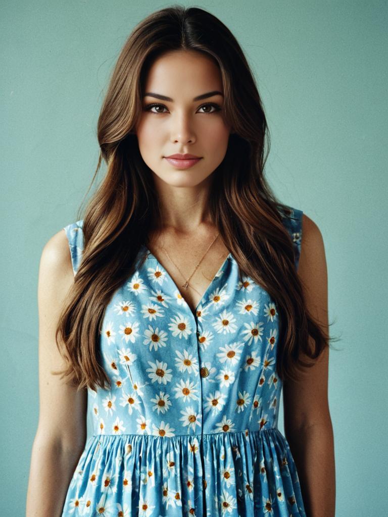 Young Woman in Blue Daisy Dress Portrait Photo