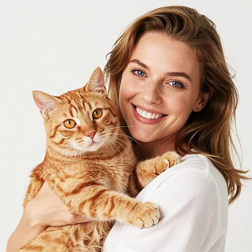 Happy Young Woman Holding Orange Tabby Cat with White Background