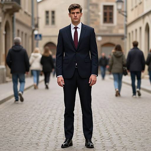 Young Man in Navy Suit Standing on Cobblestone Street