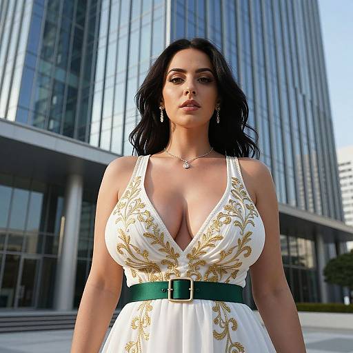 Confident Woman in White Embroidered Dress with Green Belt by Modern Glass Building