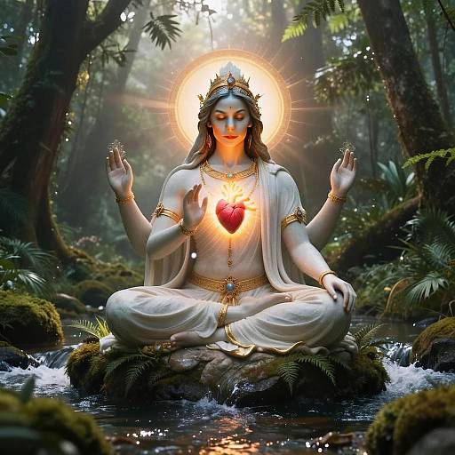 Meditative Woman with Glowing Heart in Forest Stream
