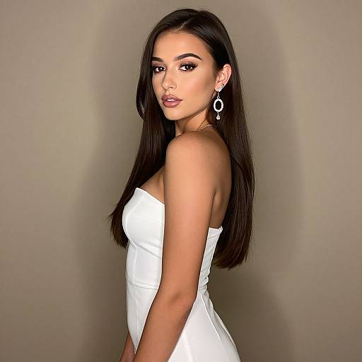 Elegant Young Woman in Strapless White Dress with Statement Earrings