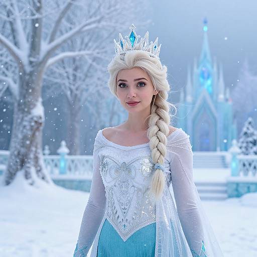 Ice Queen Woman in Winter Wonderland Costume with Castle Background