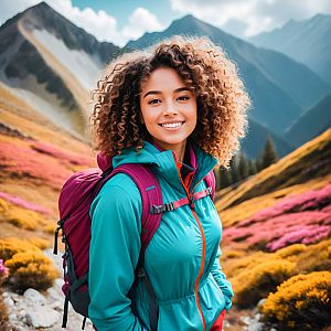 Cheerful Woman in Vibrant Mountain Landscape
