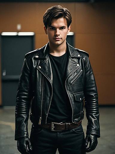Man in Iconic Black Leather Biker Jacket with Gloves