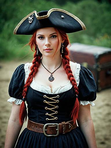Wicked Pirate Wench Costume Woman with Red Braids and Tricorn Hat