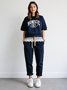 Casual Navy Blue Outfit with Lace Trim and White Sneakers on Woman