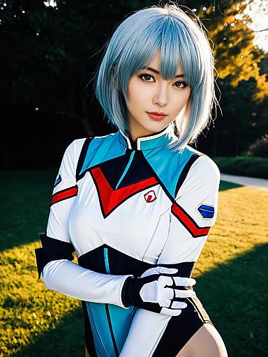 Realistic Rei Ayanami Cosplay Woman Character in Detailed Plugsuit Outdoors