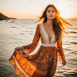 Woman in Bohemian Dress by the Sea at Sunset