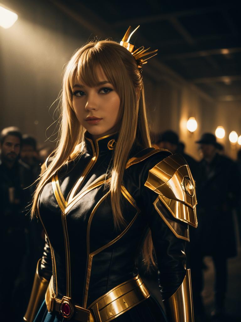 Realistic Woman Cosplay Wearing Natsuki Costume with Gold Armor