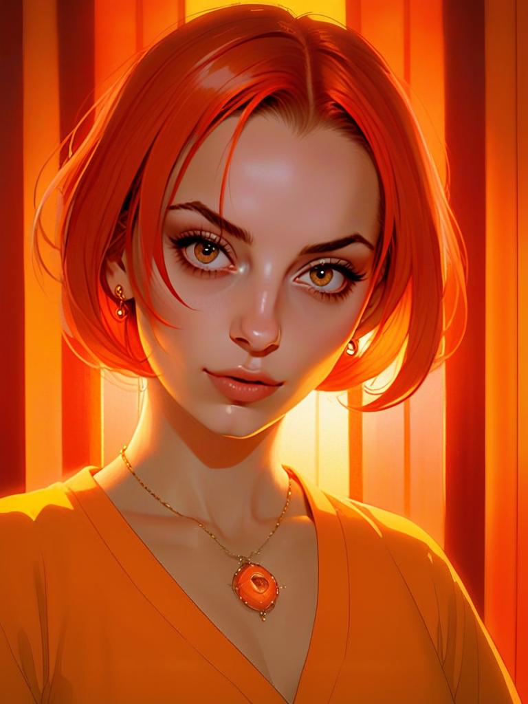 Digital Portrait of Woman with Orange Hair and Amber Eyes in Warm Lighting