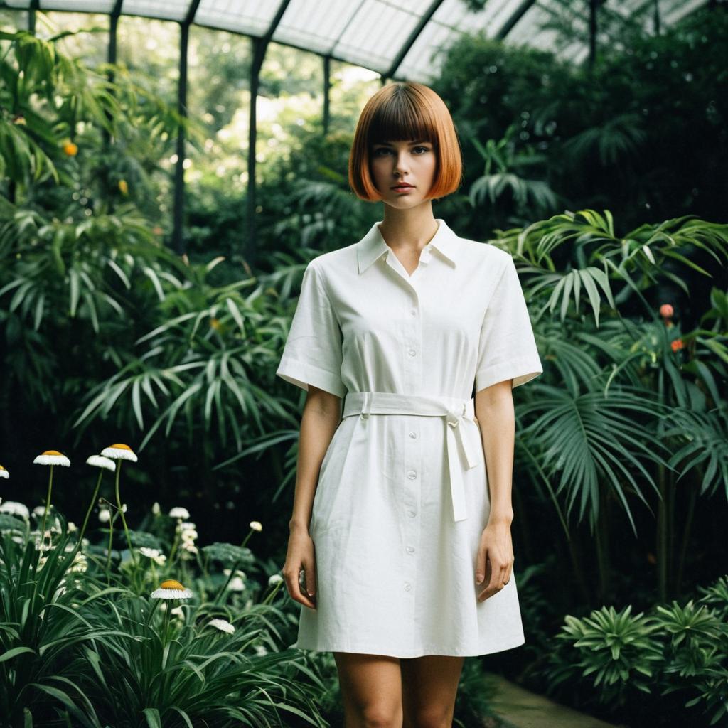 Elegant Woman in White Dress Standing in Lush Greenhouse Surrounded by Plants
