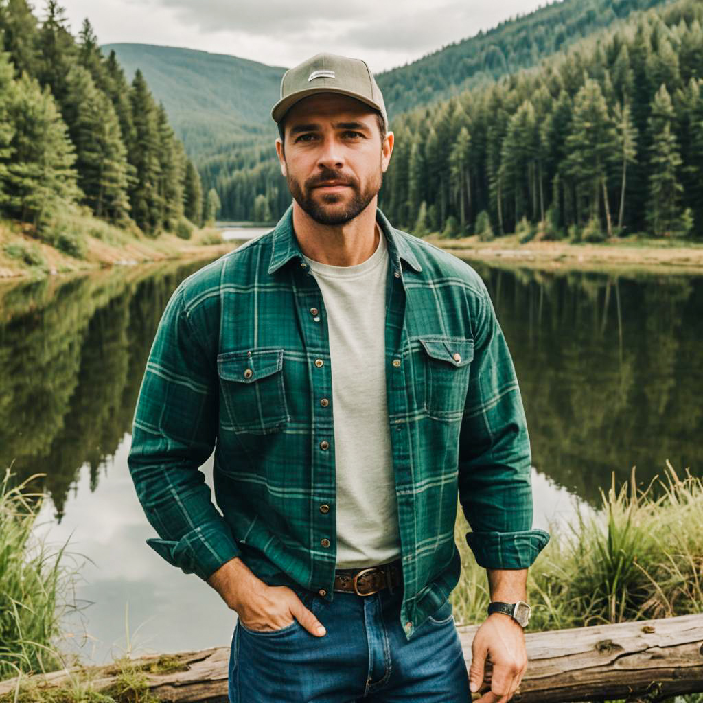Man in Green Plaid Shirt by Mountain Lake Surrounded by Forest