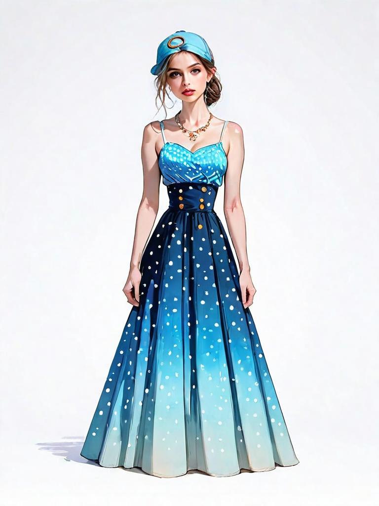 Realistic Illustration of Woman in Blue Polka Dot Gradient Dress and Cap Full Body