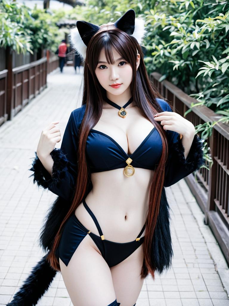 Woman in Black Cat Ears Bikini Cosplay on Garden Walkway