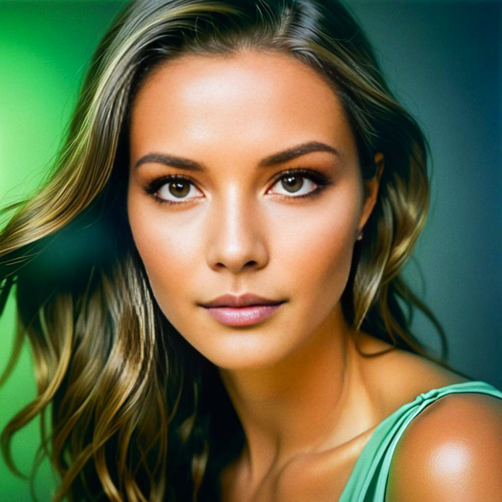 Close-up portrait of a woman with long hair against green backdrop