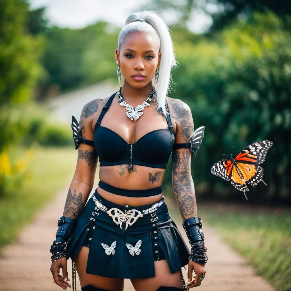 Confident Woman with Platinum Hair and Butterfly Motifs