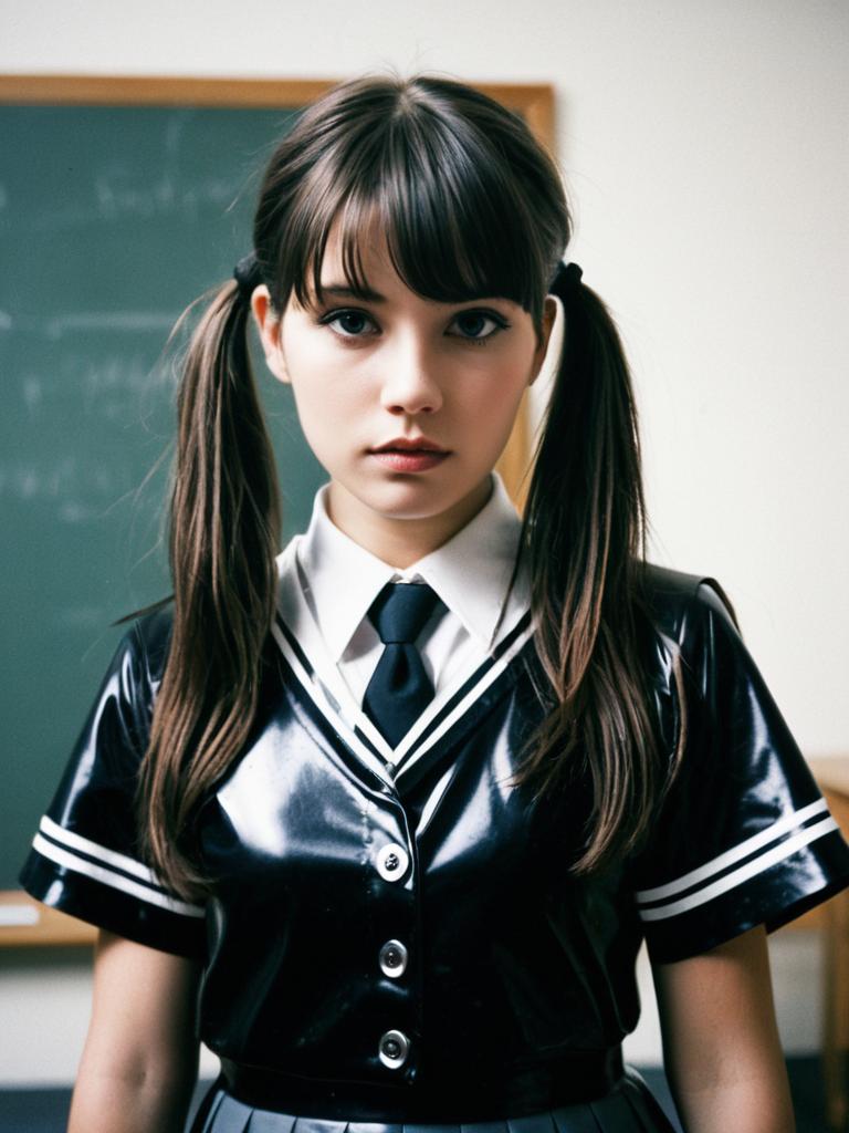 Young Woman in Black Latex Schoolgirl Uniform with Twin Ponytails in Classroom