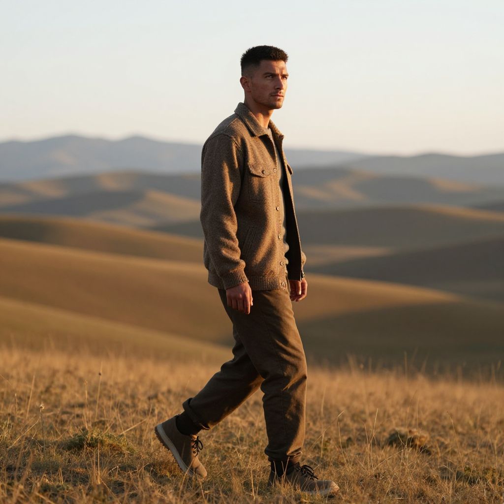 Man Walking in Serene Rolling Hills Landscape at Sunset