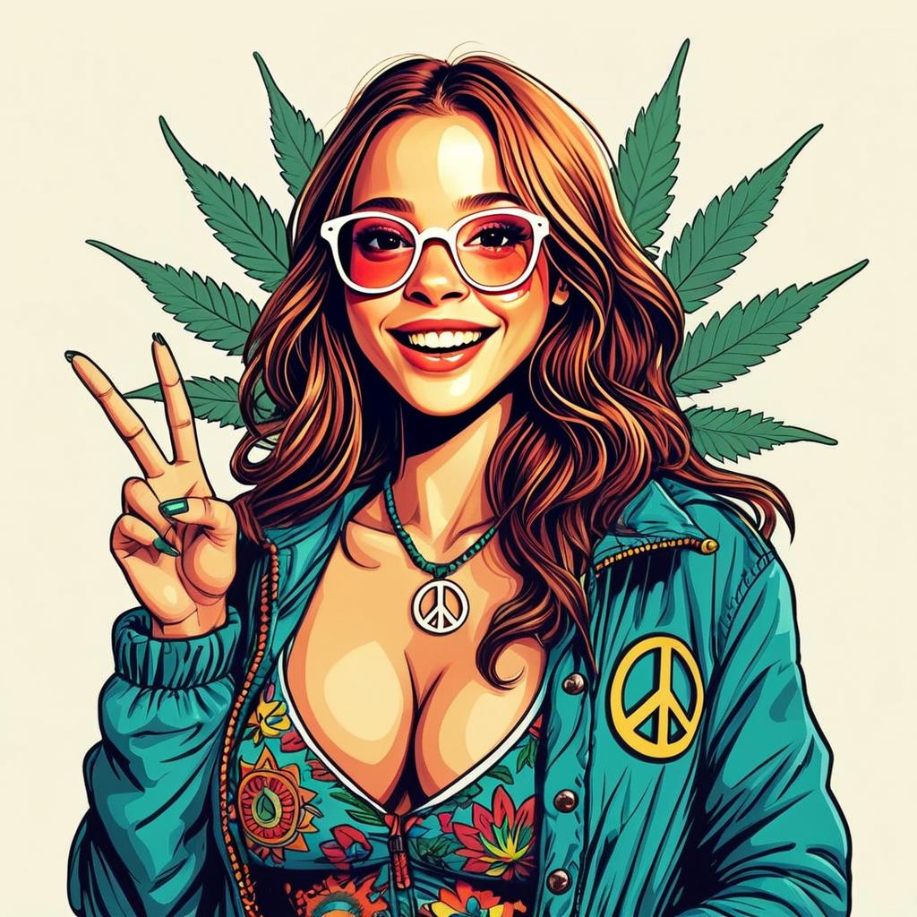Colorful Digital Illustration of a Woman with Peace Symbols and Cannabis Leaf