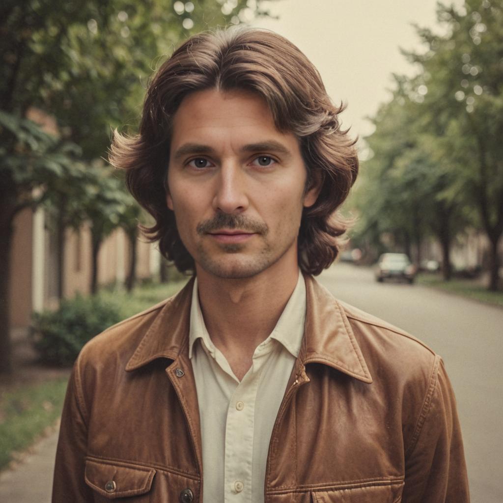 Man with 70s Hairstyle and Polaroid Camera