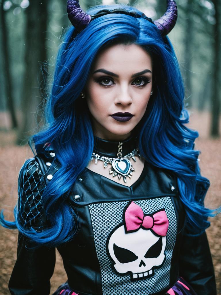 Woman in Monster High Costume with Blue Hair and Horns Cosplay