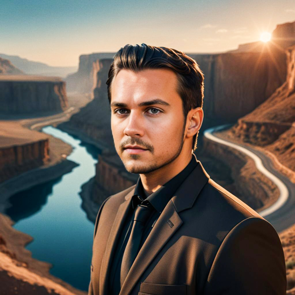 Confident man in suit against canyon at sunset