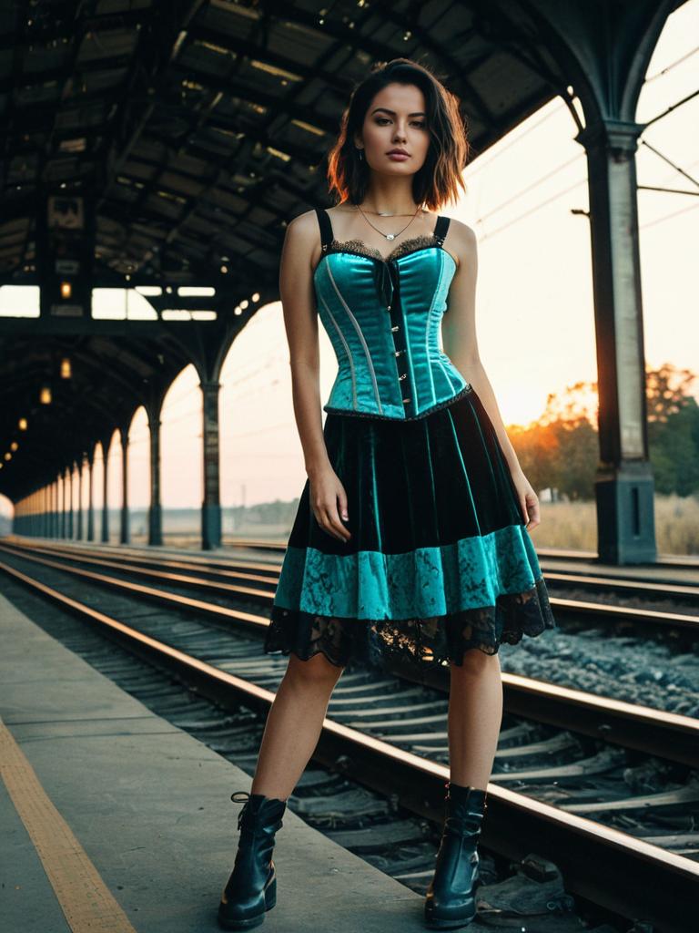 Woman in Teal Velvet Corset Dress at Train Station Platform