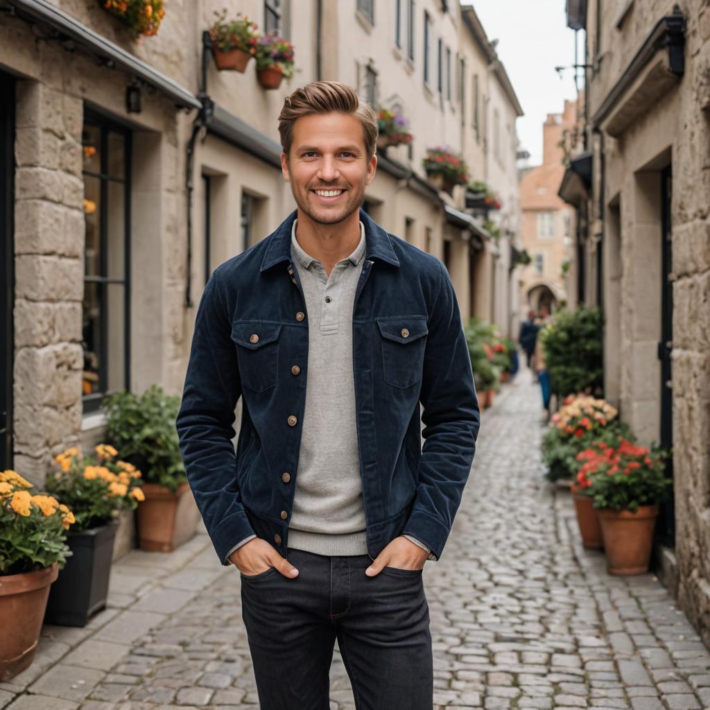 Charismatic man in denim jacket on cobblestone street