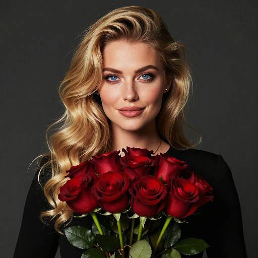 Beautiful Blonde Woman Holding Red Roses Bouquet Portrait