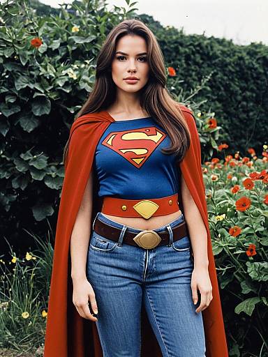 Realistic Woman in Superman Shirt with Red Cape and Denim Jeans
