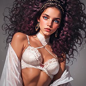 Digital portrait of a woman with curly purple hair and blue eyes