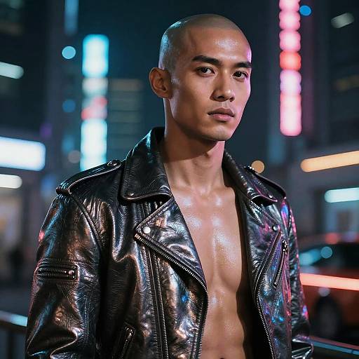 Gen Z Young Man in Leather Jacket Urban Nightlife Portrait