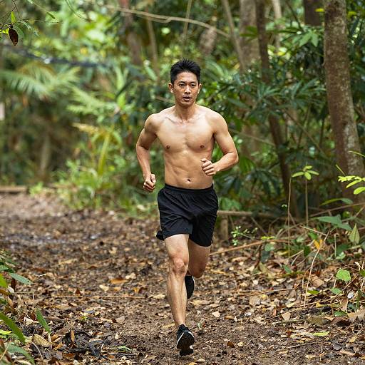 Shirtless Man Running on Forest Trail Outdoor Fitness