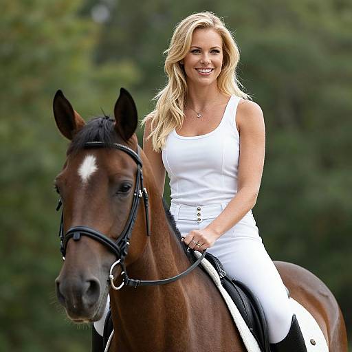 Smiling Woman Riding Brown Horse Outdoors in White Outfit