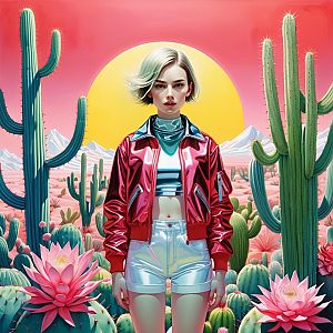 Confident Woman in Futuristic Desert Landscape at Sunset